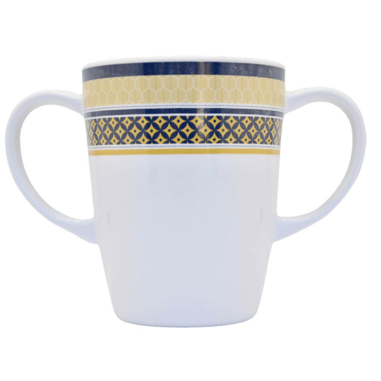 Rosa Lifestyle Two Handled White Melamine Coffee Mug with Blue and Yellow Geometric Border
