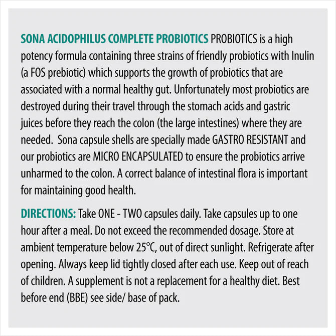 Sona AcidoPhilus Complete - Gastro Resistant + Micro Encapsulated Probiotic Capsules