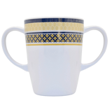 Rosa Lifestyle Two Handled White Melamine Coffee Mug with Blue and Yellow Geometric Border