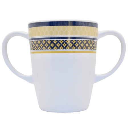 Rosa Lifestyle Two Handled White Melamine Coffee Mug with Blue and Yellow Geometric Border